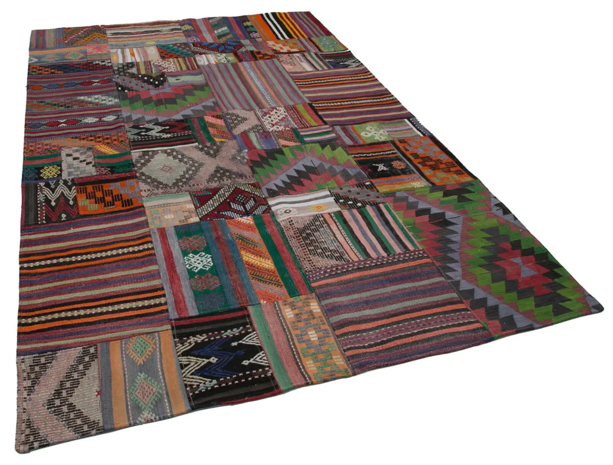 Anadolu Patchwork Multi Renk Pamuk Üzerine Yün El Dokuma Kilim-202x301 - Görsel 2