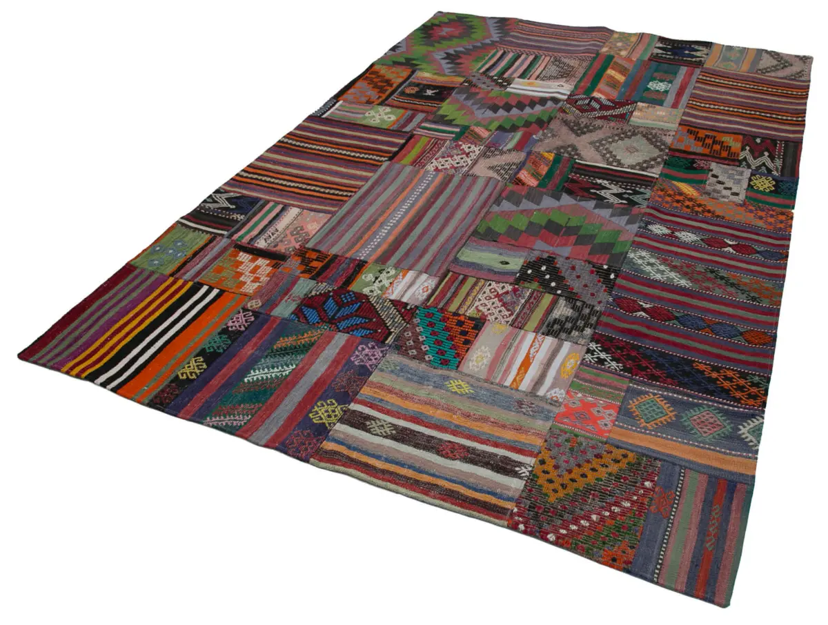 Anadolu Patchwork Multi Renk Pamuk Üzerine Yün El Dokuma Kilim-202x301 - Görsel 3