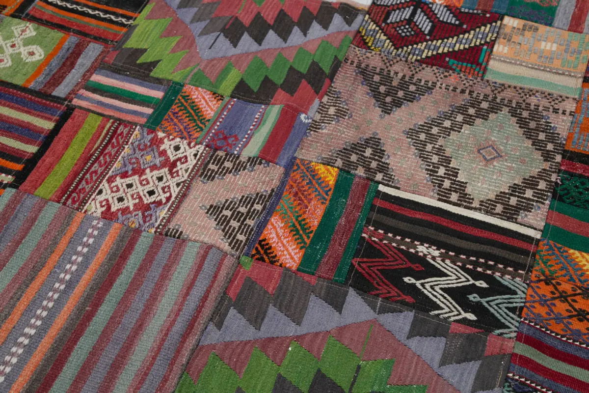 Anadolu Patchwork Multi Renk Pamuk Üzerine Yün El Dokuma Kilim-202x301 - Görsel 6