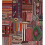 Anadolu Patchwork Multi Renk Pamuk Üzerine Yün El Dokuma Kilim-203x301