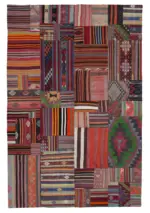 Anadolu Patchwork Multi Renk Pamuk Üzerine Yün El Dokuma Kilim-203x301