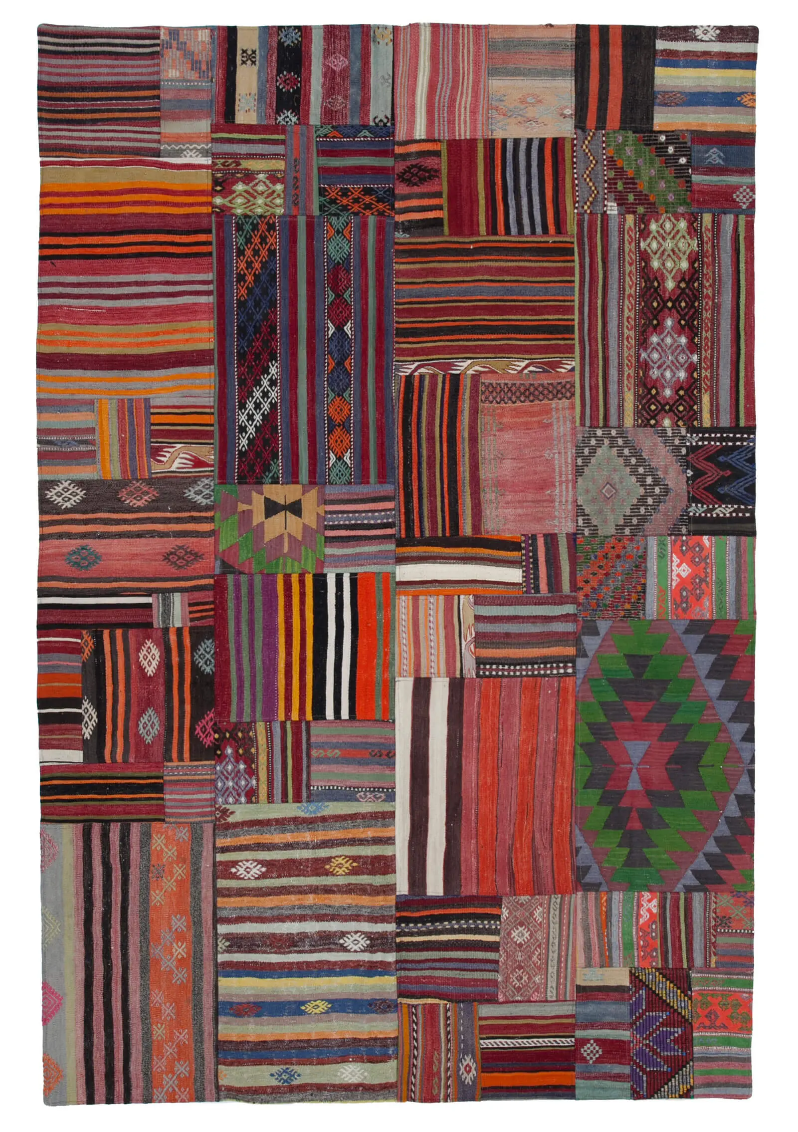 Anadolu Patchwork Multi Renk Pamuk Üzerine Yün El Dokuma Kilim-203x301 - Görsel 1