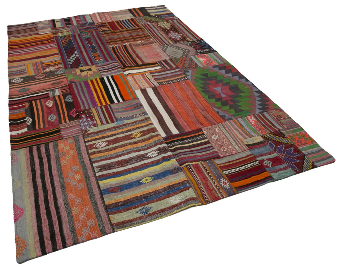 Anadolu Patchwork Multi Renk Pamuk Üzerine Yün El Dokuma Kilim-203x301 - Görsel 2
