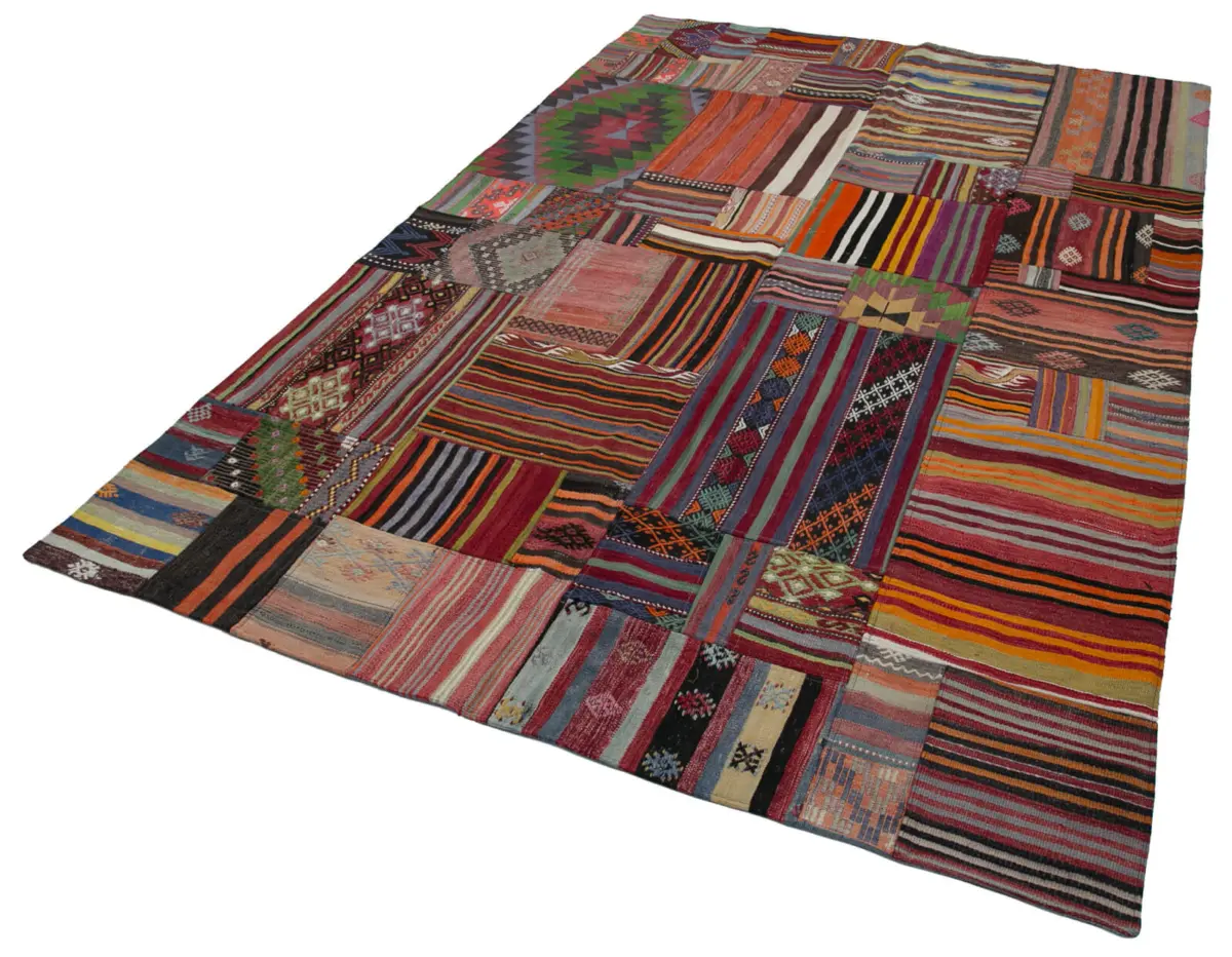 Anadolu Patchwork Multi Renk Pamuk Üzerine Yün El Dokuma Kilim-203x301 - Görsel 3