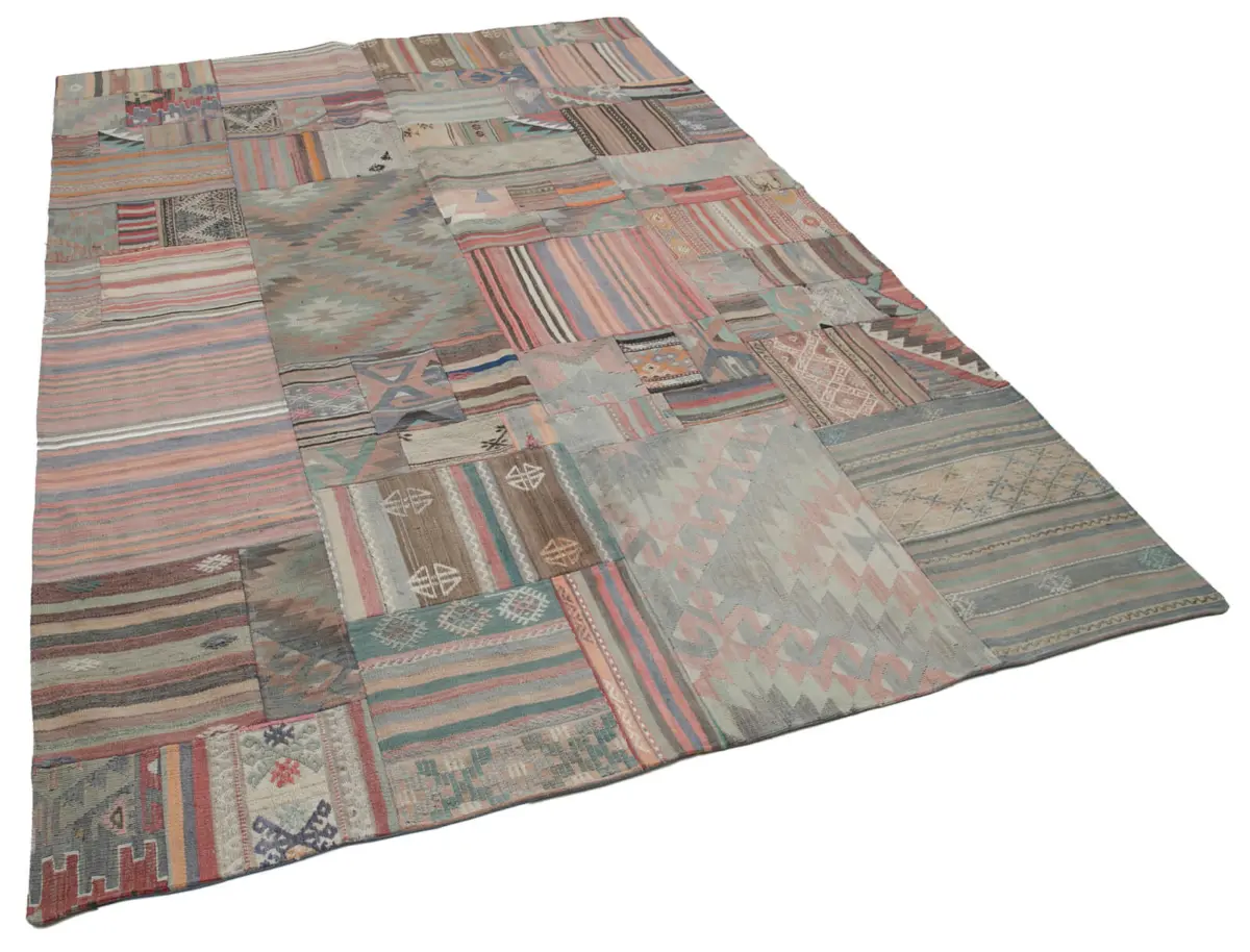 Anadolu Patchwork Bej Renk Pamuk Üzerine Yün El Dokuma Kilim-202x301 - Görsel 2