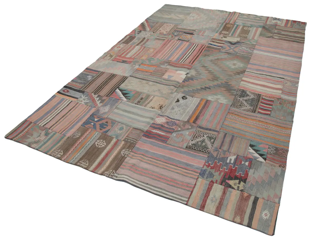 Anadolu Patchwork Bej Renk Pamuk Üzerine Yün El Dokuma Kilim-202x301 - Görsel 3