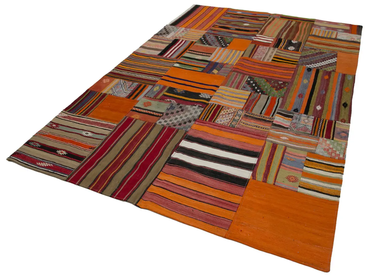 Anadolu Patchwork Turuncu Renk Pamuk Üzerine Yün El Dokuma Kilim-202x300 - Görsel 3