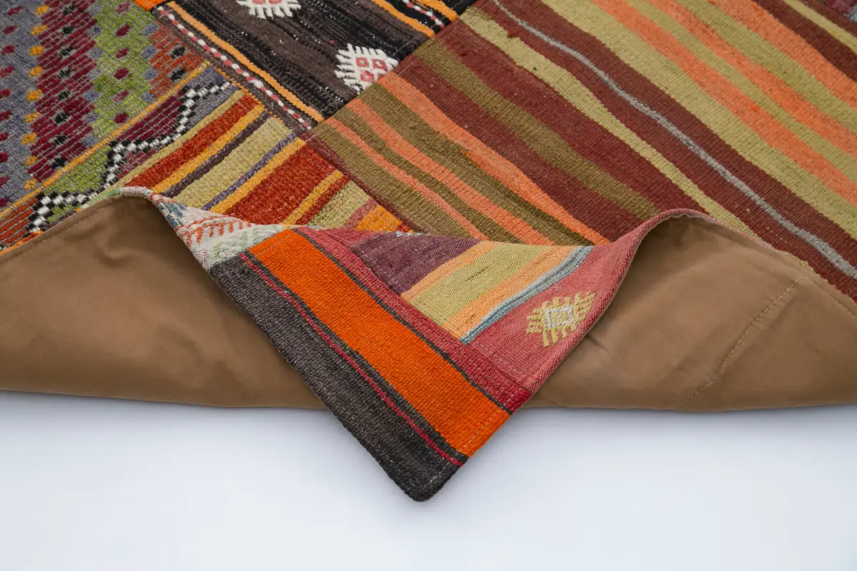 Anadolu Patchwork Turuncu Renk Pamuk Üzerine Yün El Dokuma Kilim-202x300 - Görsel 5