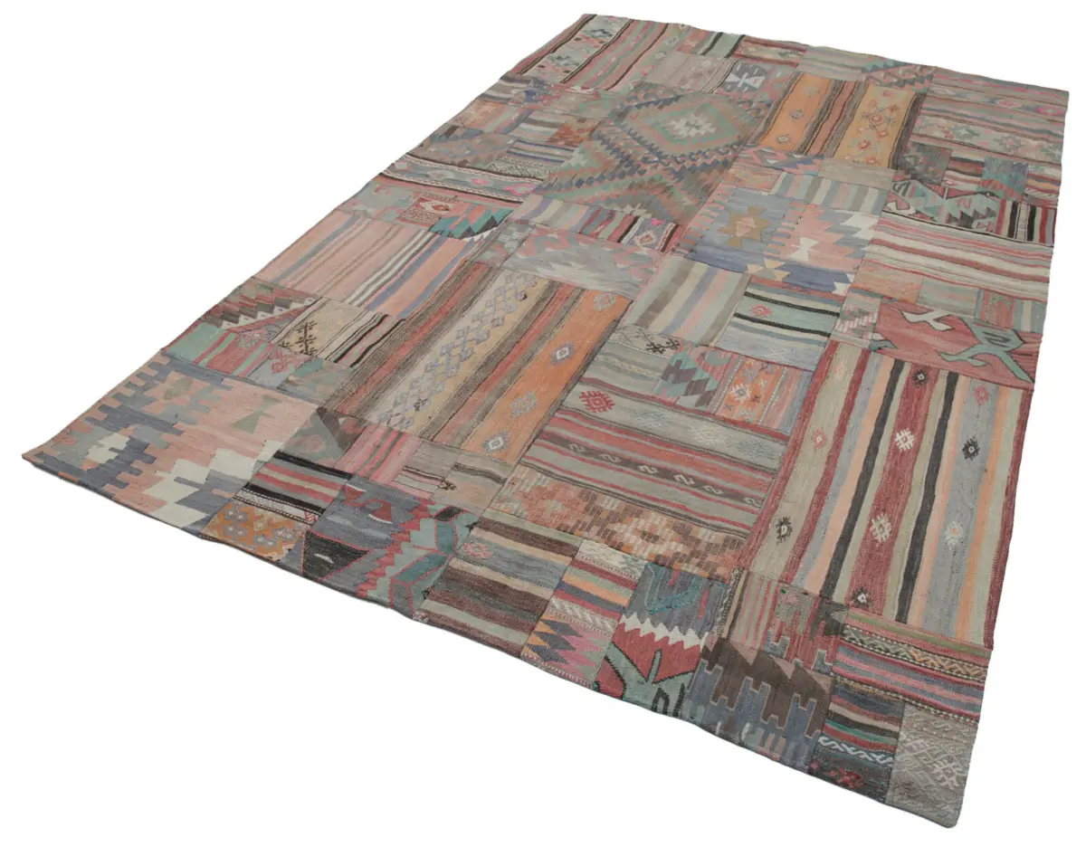 Anadolu Patchwork Kahverengi Renk Pamuk Üzerine Yün El Dokuma Kilim-202x301 - Görsel 3