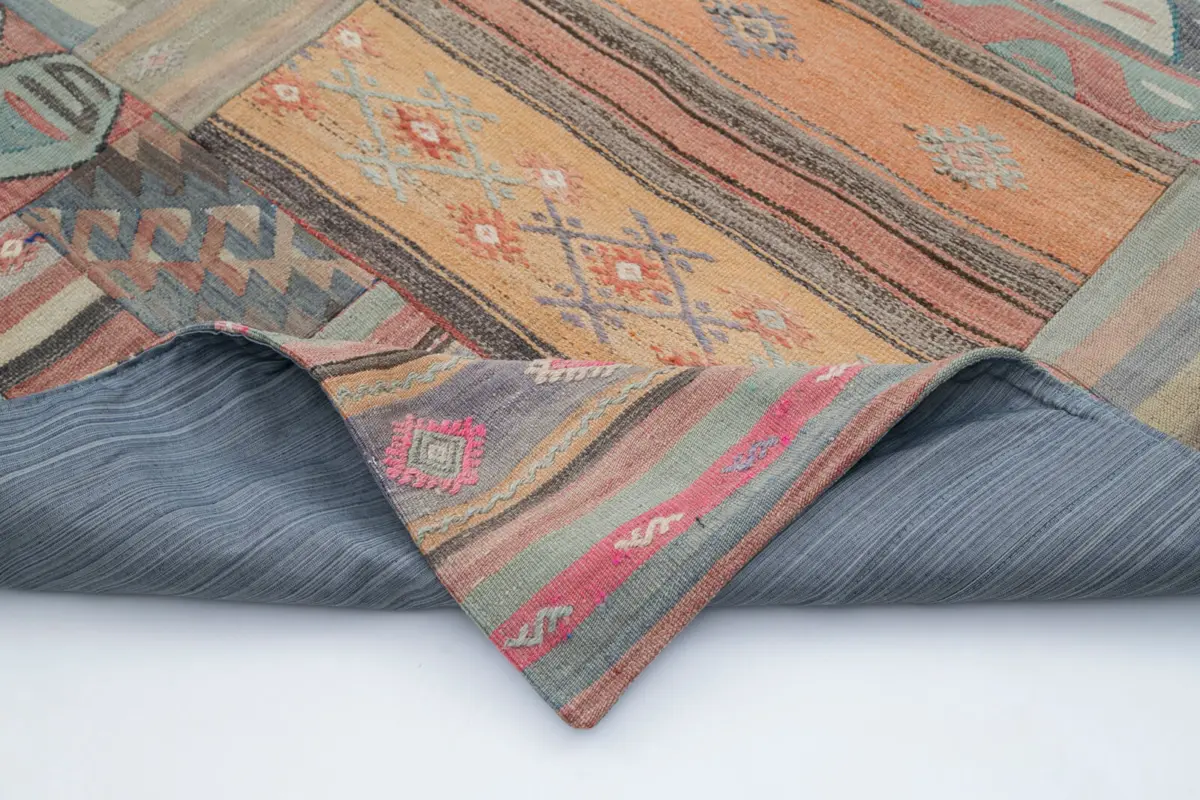 Anadolu Patchwork Kahverengi Renk Pamuk Üzerine Yün El Dokuma Kilim-202x301 - Görsel 5