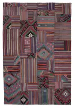 Anadolu Patchwork Multi Renk Pamuk Üzerine Yün El Dokuma Kilim-202x300