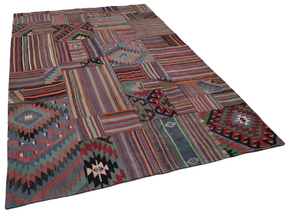 Anadolu Patchwork Multi Renk Pamuk Üzerine Yün El Dokuma Kilim-202x300 - Görsel 2