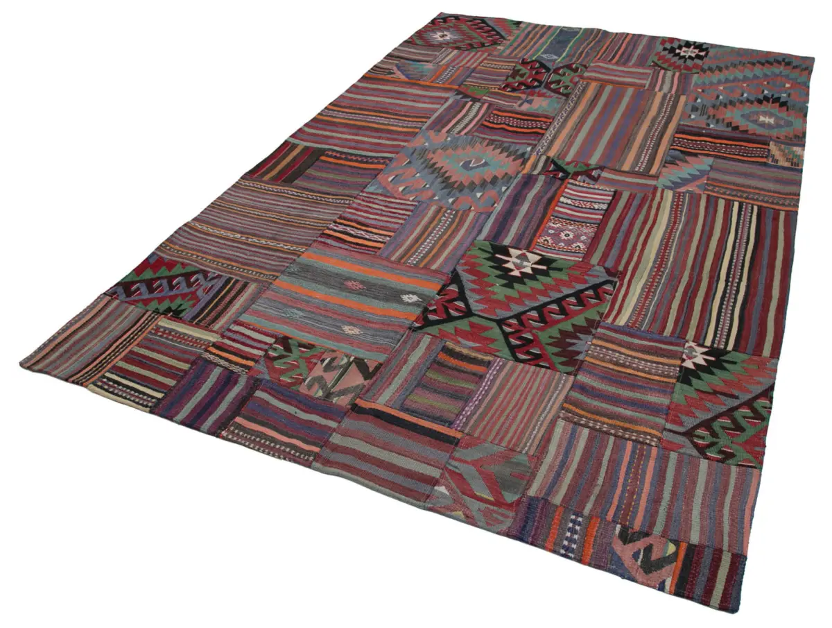 Anadolu Patchwork Multi Renk Pamuk Üzerine Yün El Dokuma Kilim-202x300 - Görsel 3