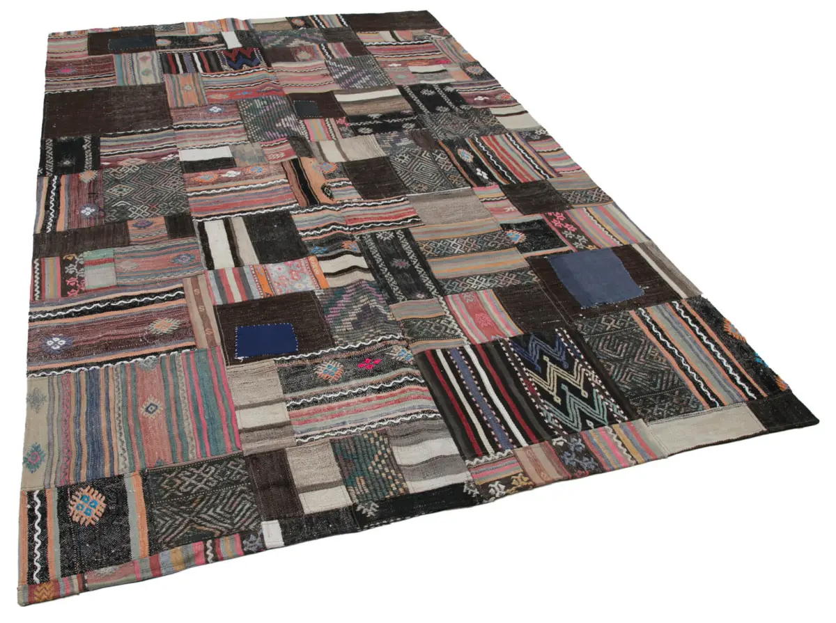 Anadolu Patchwork Kahverengi Renk Pamuk Üzerine Yün El Dokuma Kilim-200x303 - Görsel 2