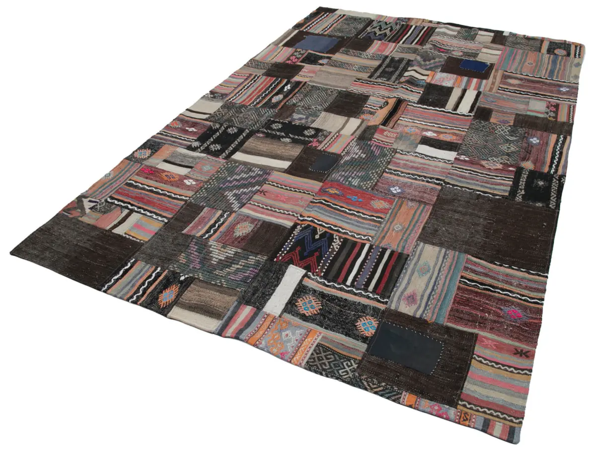 Anadolu Patchwork Kahverengi Renk Pamuk Üzerine Yün El Dokuma Kilim-200x303 - Görsel 3