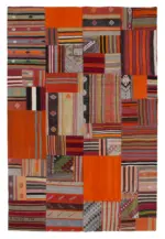 Anadolu Patchwork Turuncu Renk Pamuk Üzerine Yün El Dokuma Kilim-203x300