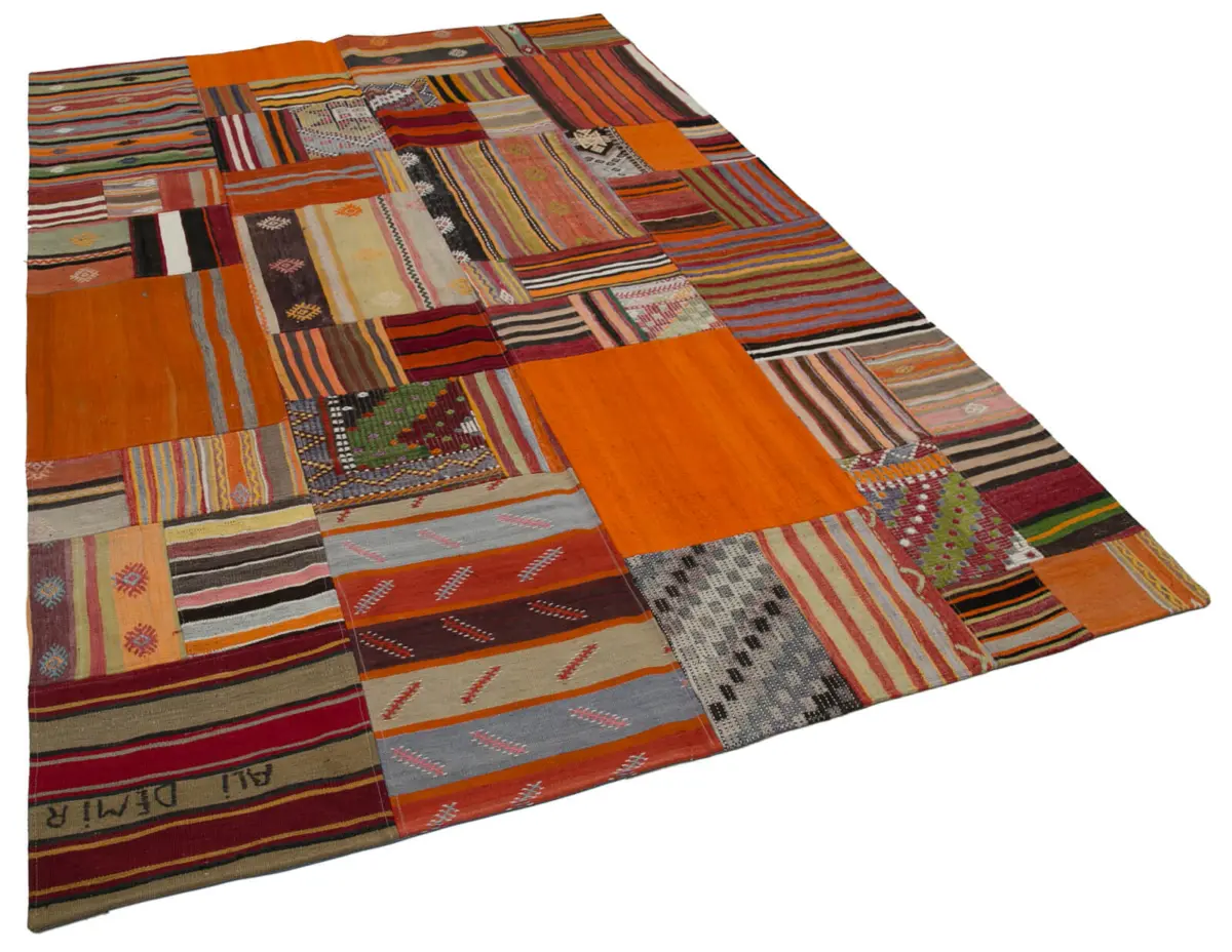 Anadolu Patchwork Turuncu Renk Pamuk Üzerine Yün El Dokuma Kilim-203x300 - Görsel 2