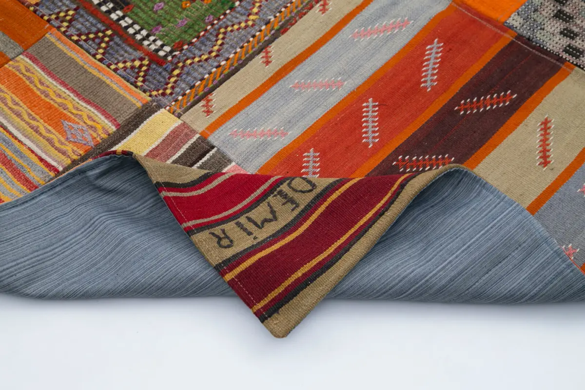 Anadolu Patchwork Turuncu Renk Pamuk Üzerine Yün El Dokuma Kilim-203x300 - Görsel 5