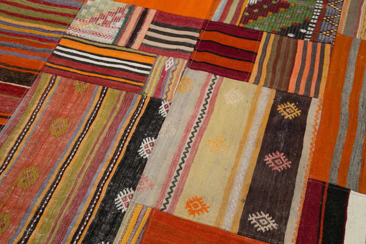 Anadolu Patchwork Turuncu Renk Pamuk Üzerine Yün El Dokuma Kilim-203x300 - Görsel 6
