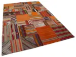 Anadolu Patchwork Turuncu Renk Pamuk Üzerine Yün El Dokuma Kilim-202x300 - Görsel 2