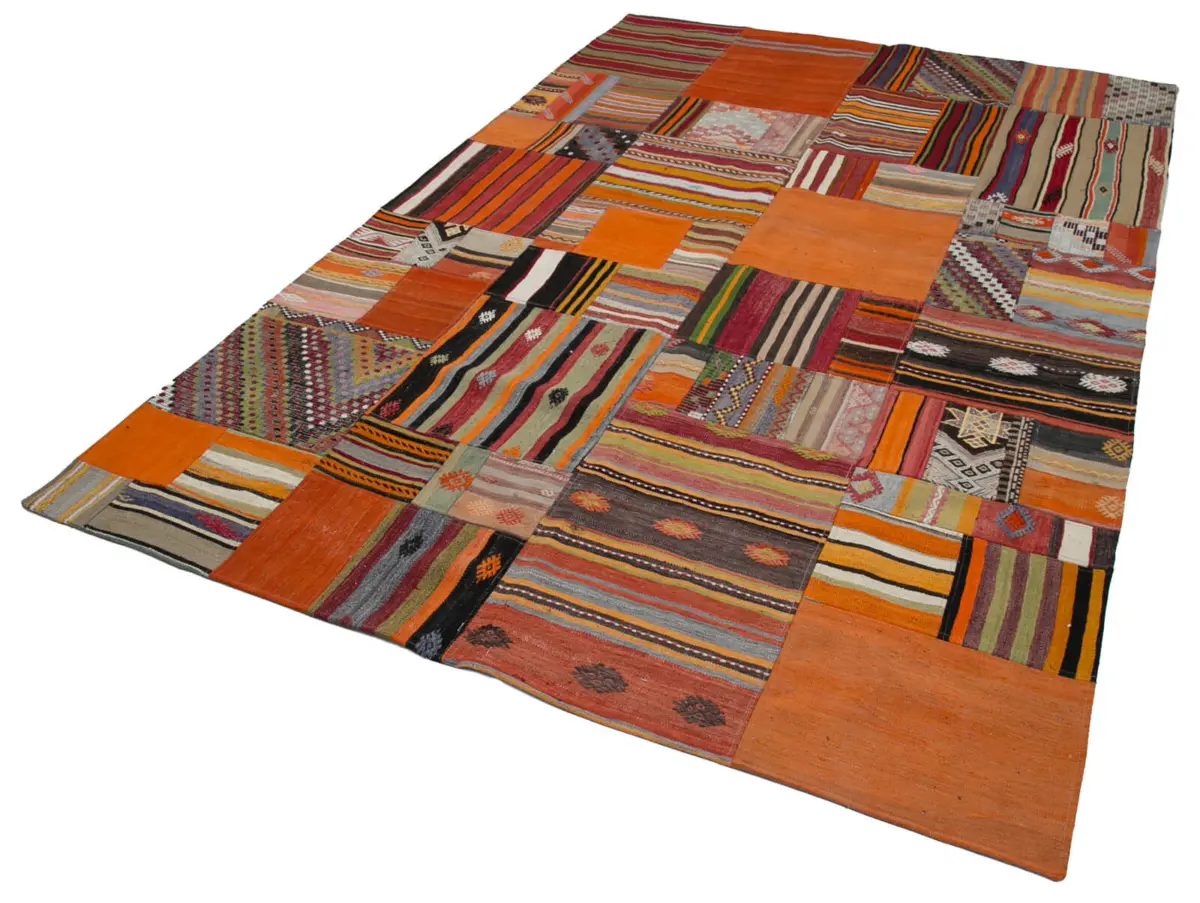 Anadolu Patchwork Turuncu Renk Pamuk Üzerine Yün El Dokuma Kilim-202x300 - Görsel 3