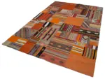 Anadolu Patchwork Turuncu Renk Pamuk Üzerine Yün El Dokuma Kilim-202x300 - Görsel 3