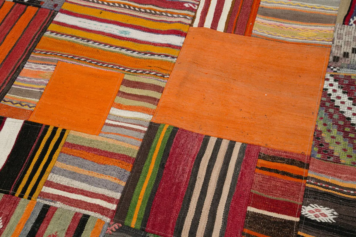 Anadolu Patchwork Turuncu Renk Pamuk Üzerine Yün El Dokuma Kilim-202x300 - Görsel 6