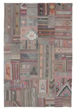 Anadolu Patchwork Kahverengi Renk Pamuk Üzerine Yün El Dokuma Kilim-201x302