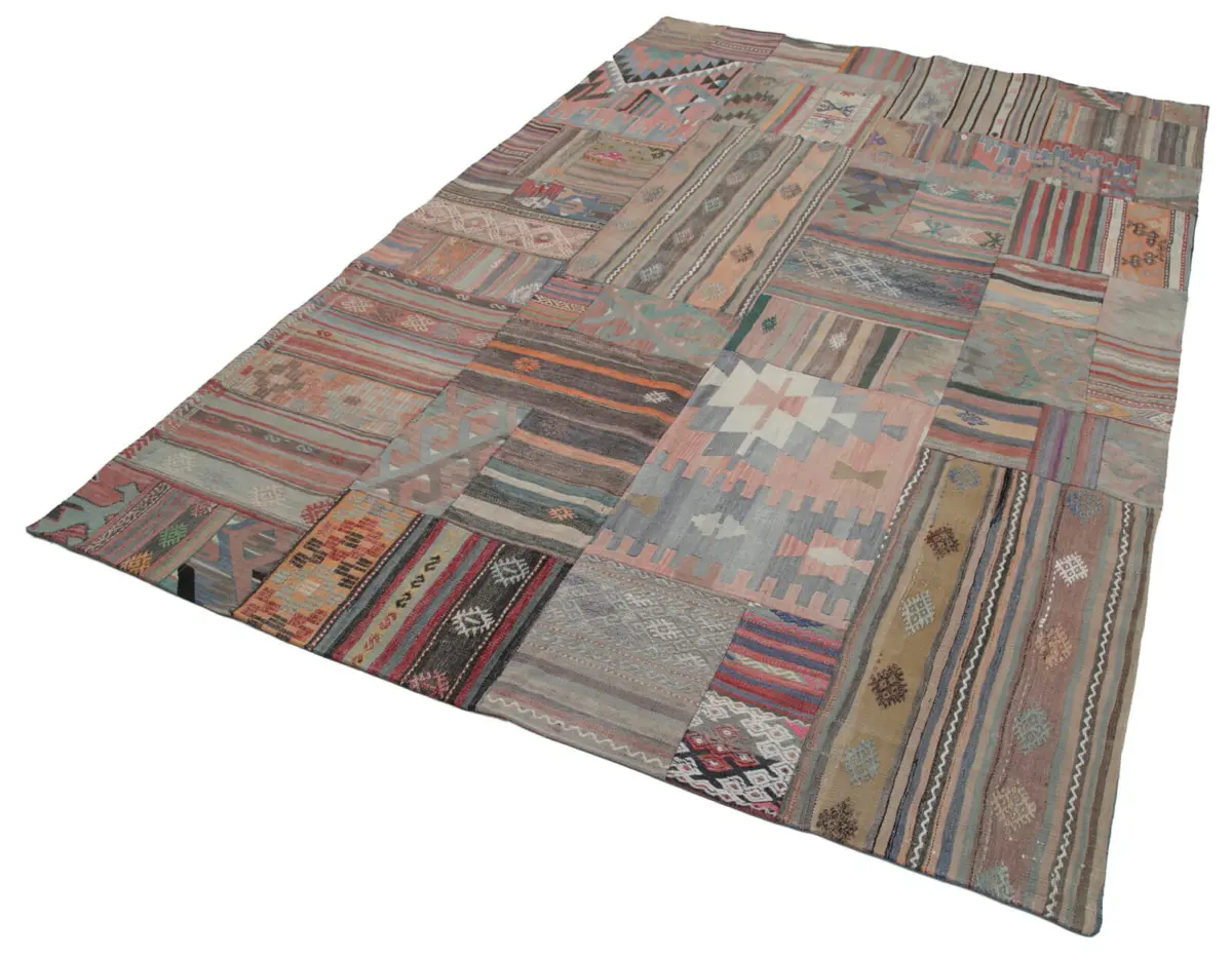 Anadolu Patchwork Kahverengi Renk Pamuk Üzerine Yün El Dokuma Kilim-201x302 - Görsel 3