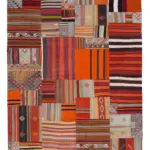 Anadolu Patchwork Turuncu Renk Pamuk Üzerine Yün El Dokuma Kilim-202x300