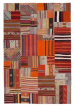 Anadolu Patchwork Turuncu Renk Pamuk Üzerine Yün El Dokuma Kilim-202x300