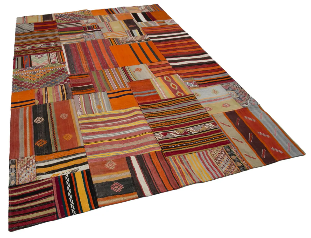 Anadolu Patchwork Turuncu Renk Pamuk Üzerine Yün El Dokuma Kilim-202x300 - Görsel 2