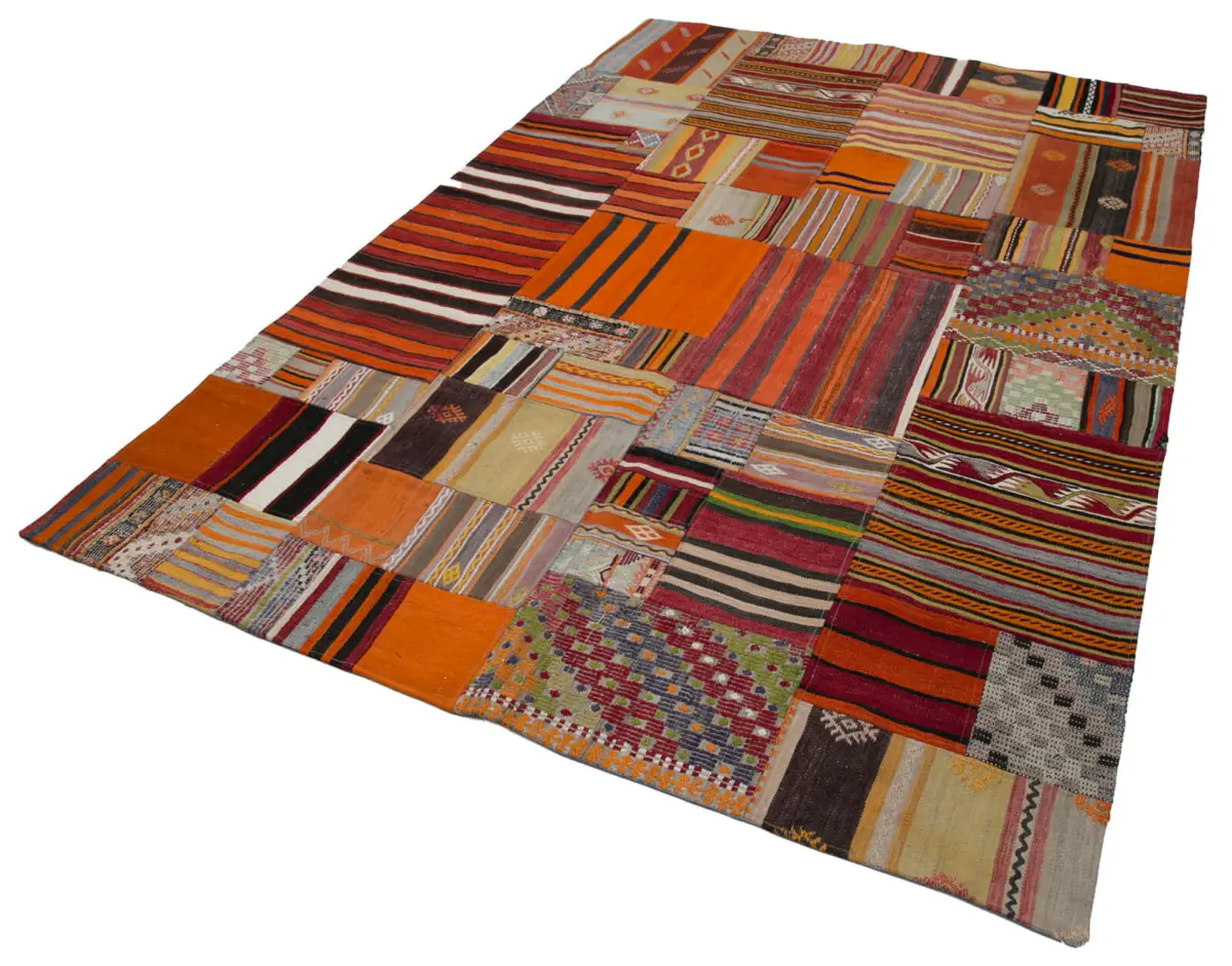 Anadolu Patchwork Turuncu Renk Pamuk Üzerine Yün El Dokuma Kilim-202x300 - Görsel 3