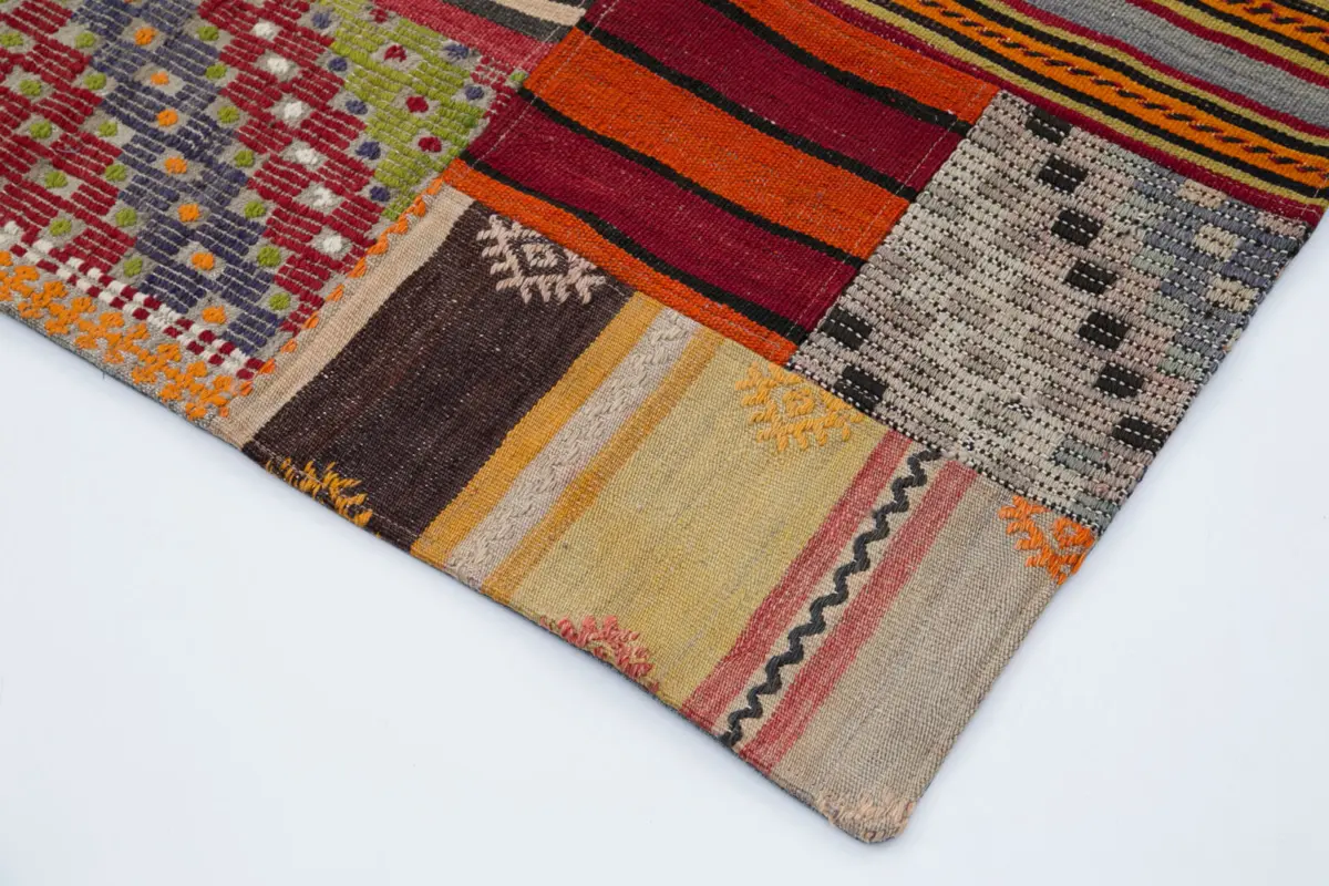 Anadolu Patchwork Turuncu Renk Pamuk Üzerine Yün El Dokuma Kilim-202x300 - Görsel 4