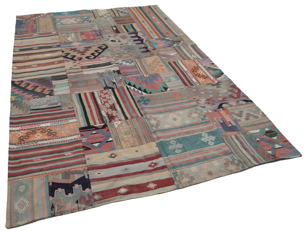 Anadolu Patchwork Bej Renk Pamuk Üzerine Yün El Dokuma Kilim-201x301 - Görsel 2