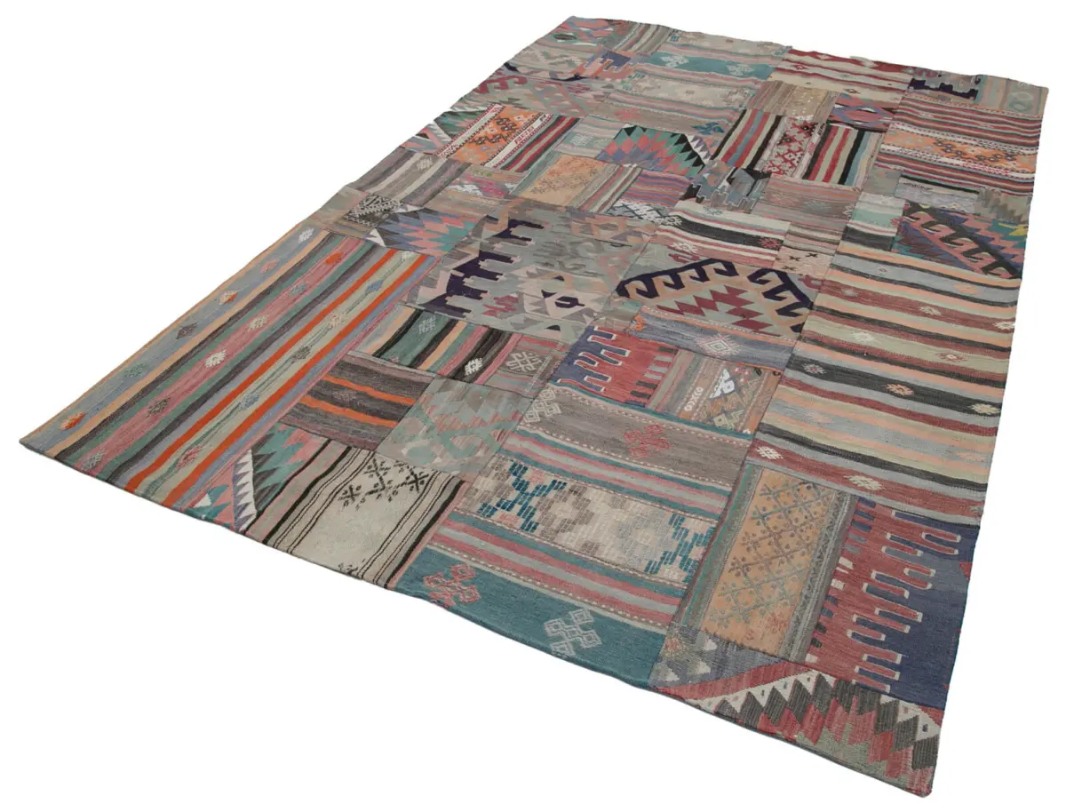 Anadolu Patchwork Bej Renk Pamuk Üzerine Yün El Dokuma Kilim-201x301 - Görsel 3