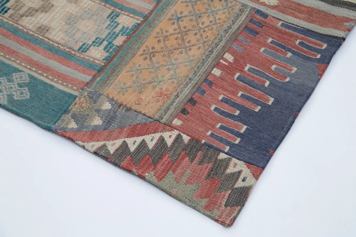 Anadolu Patchwork Bej Renk Pamuk Üzerine Yün El Dokuma Kilim-201x301 - Görsel 4
