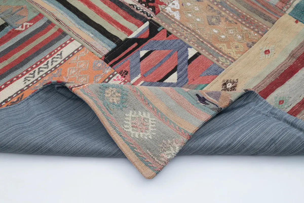 Anadolu Patchwork Bej Renk Pamuk Üzerine Yün El Dokuma Kilim-201x301 - Görsel 5