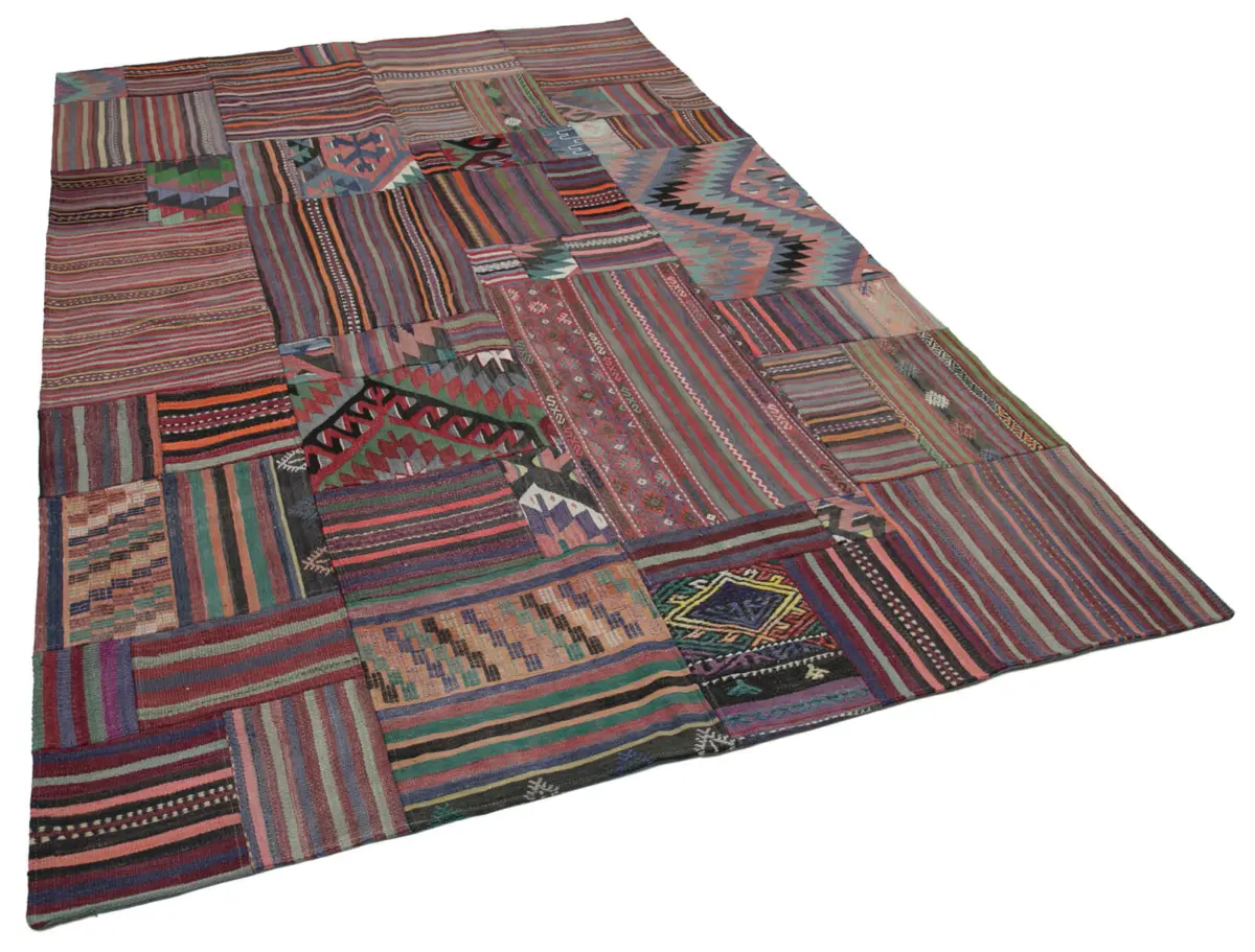 Anadolu Patchwork Multi Renk Pamuk Üzerine Yün El Dokuma Kilim-202x302 - Görsel 2