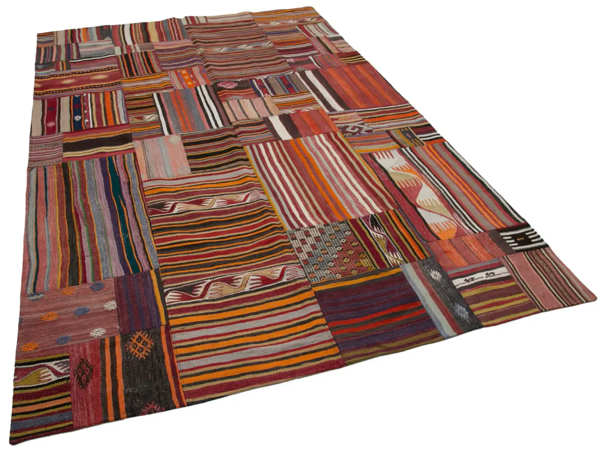 Anadolu Patchwork Multi Renk Pamuk Üzerine Yün El Dokuma Kilim-202x301 - Görsel 2