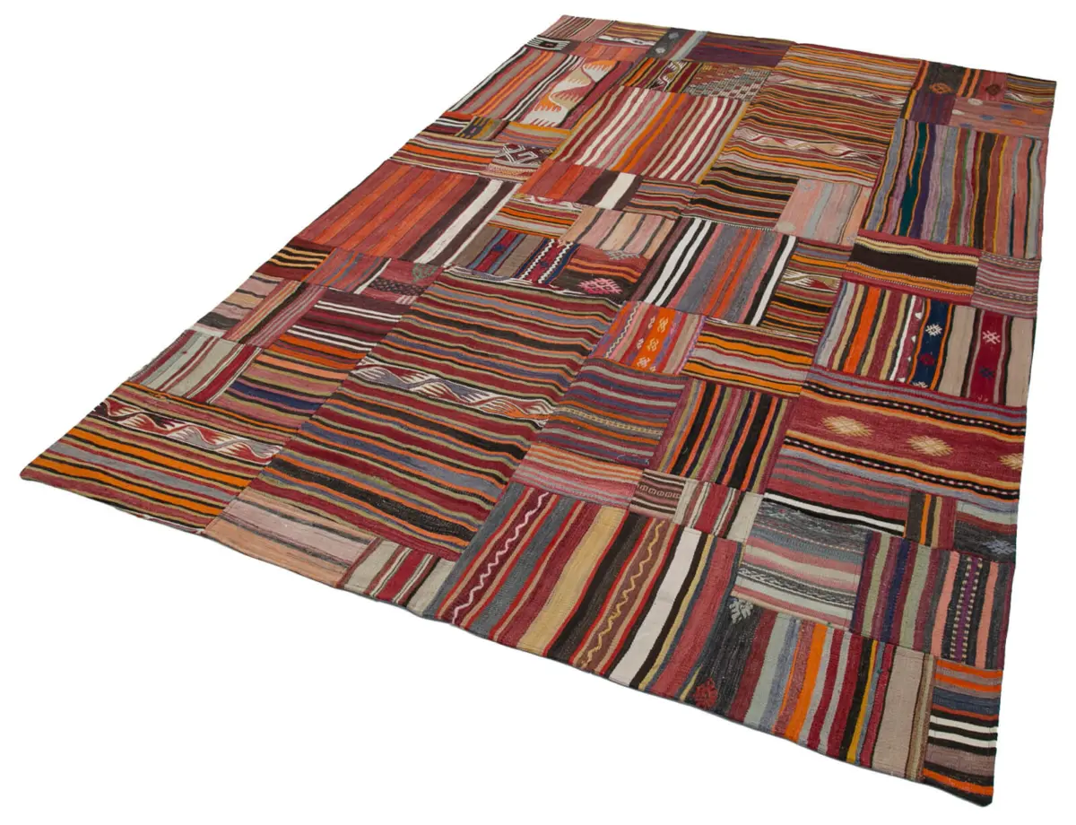 Anadolu Patchwork Multi Renk Pamuk Üzerine Yün El Dokuma Kilim-202x301 - Görsel 3