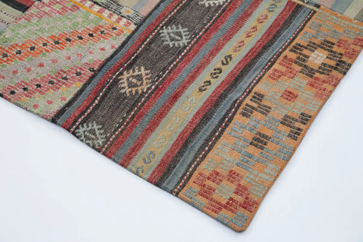 Anadolu Patchwork Kahverengi Renk Pamuk Üzerine Yün El Dokuma Kilim-202x302 - Görsel 4