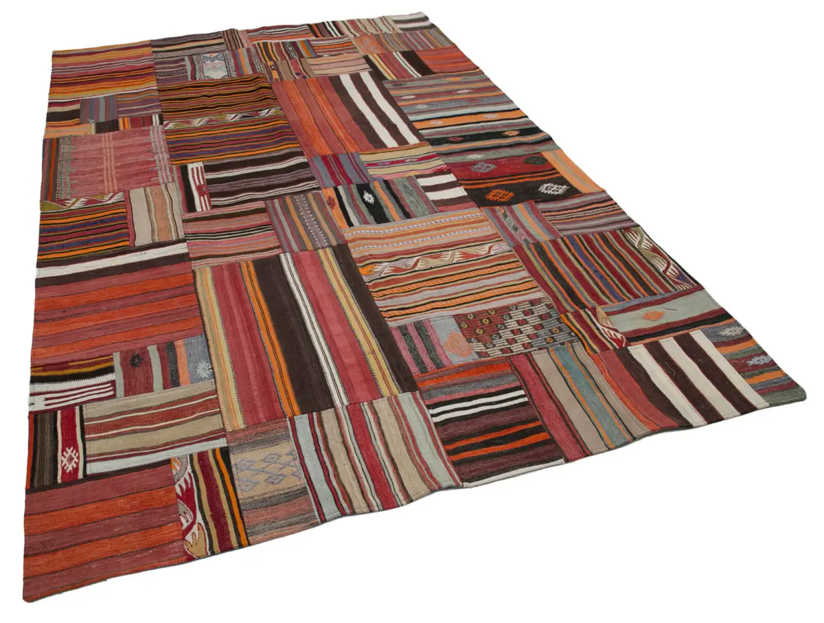 Anadolu Patchwork Multi Renk Pamuk Üzerine Yün El Dokuma Kilim-202x301 - Görsel 2