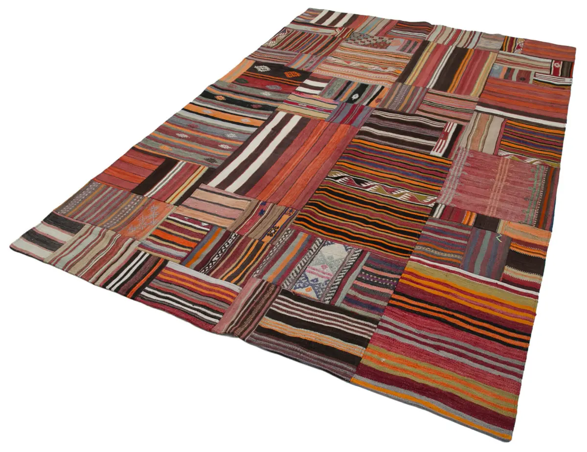 Anadolu Patchwork Multi Renk Pamuk Üzerine Yün El Dokuma Kilim-202x301 - Görsel 3