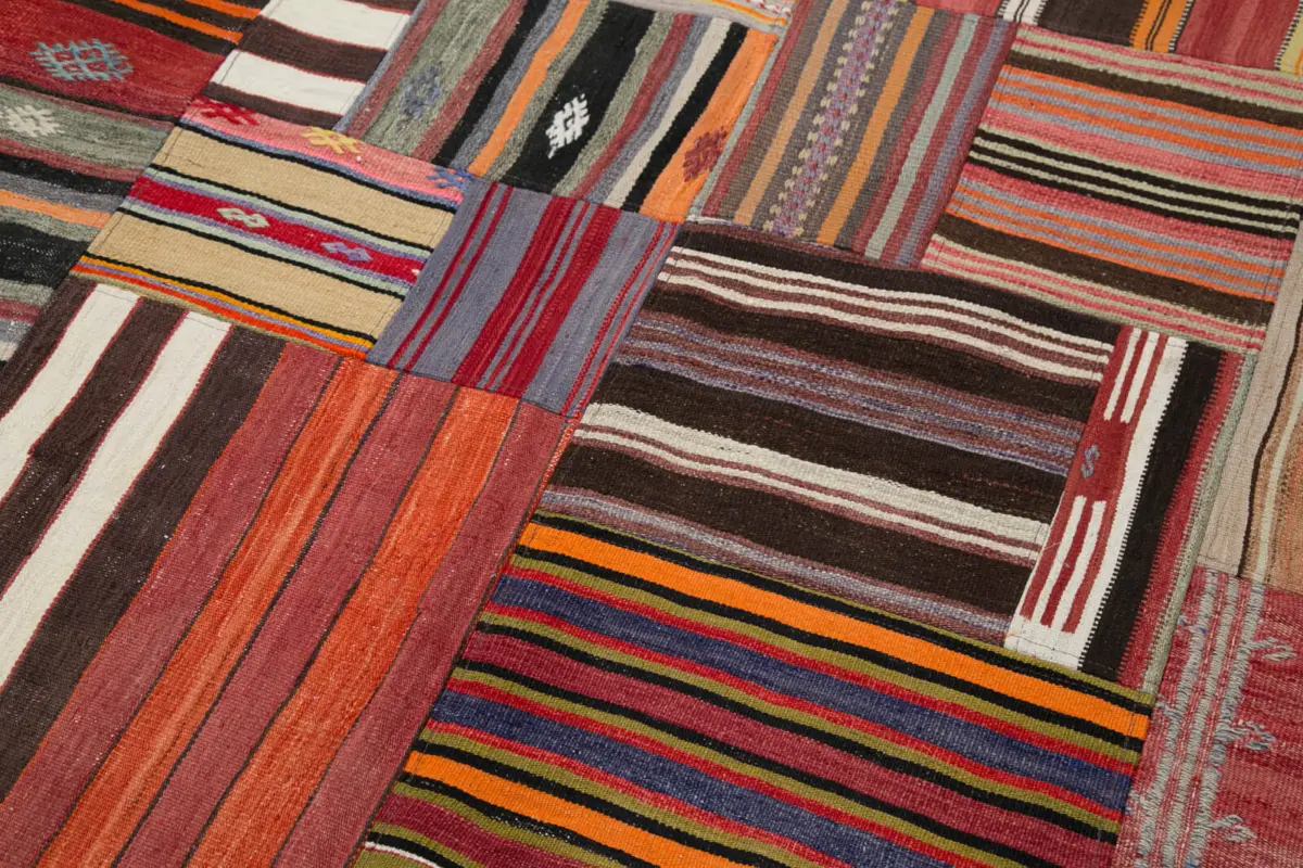 Anadolu Patchwork Multi Renk Pamuk Üzerine Yün El Dokuma Kilim-202x301 - Görsel 6