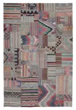 Anadolu Patchwork Bej Renk Pamuk Üzerine Yün El Dokuma Kilim-202x302