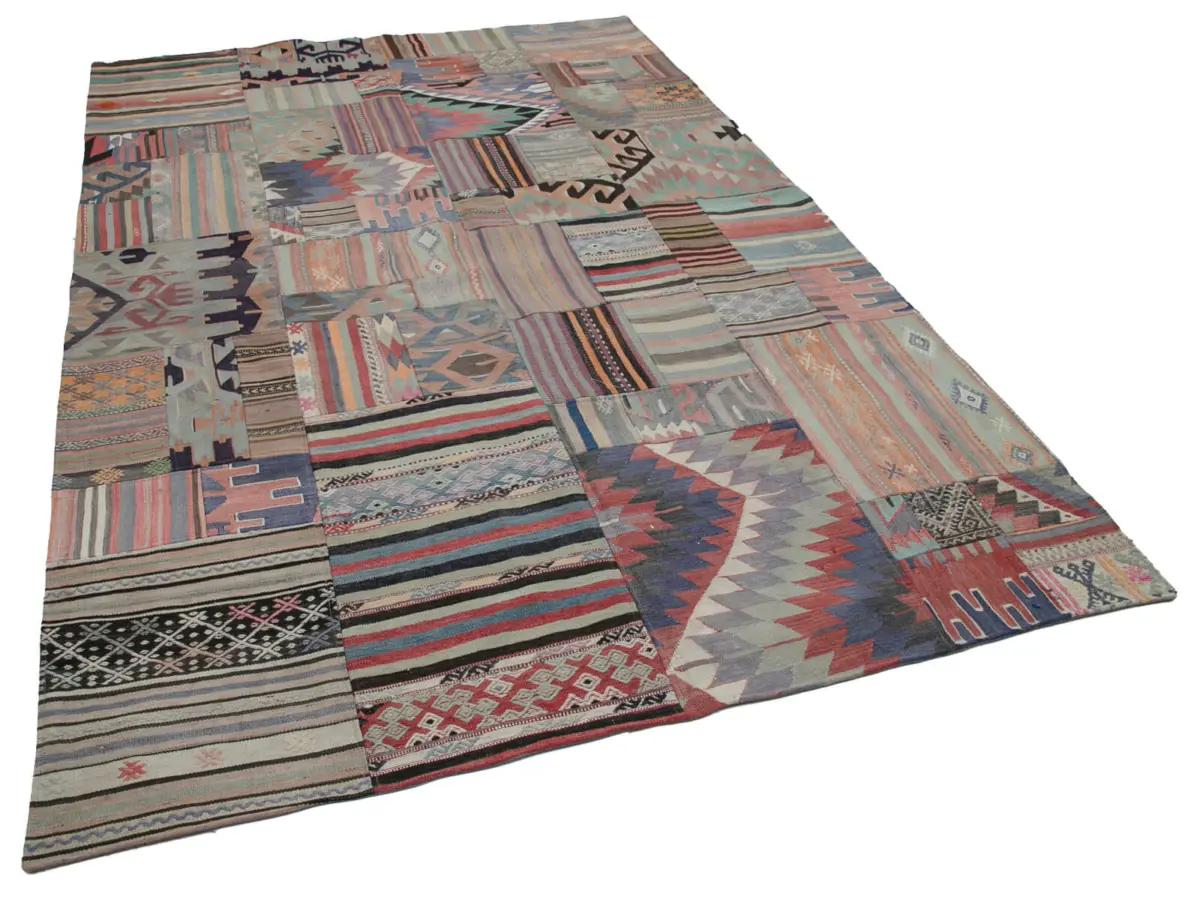 Anadolu Patchwork Bej Renk Pamuk Üzerine Yün El Dokuma Kilim-202x302 - Görsel 2