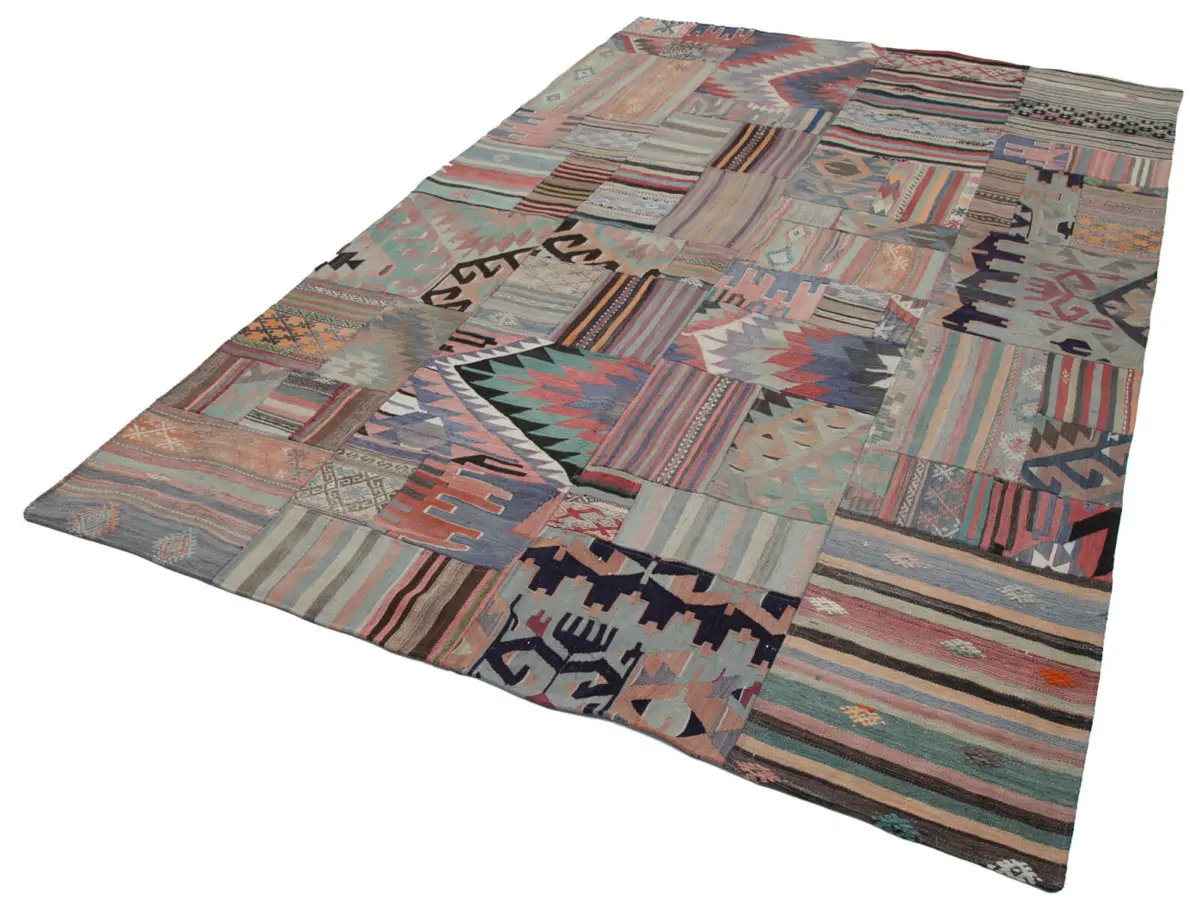 Anadolu Patchwork Bej Renk Pamuk Üzerine Yün El Dokuma Kilim-202x302 - Görsel 3