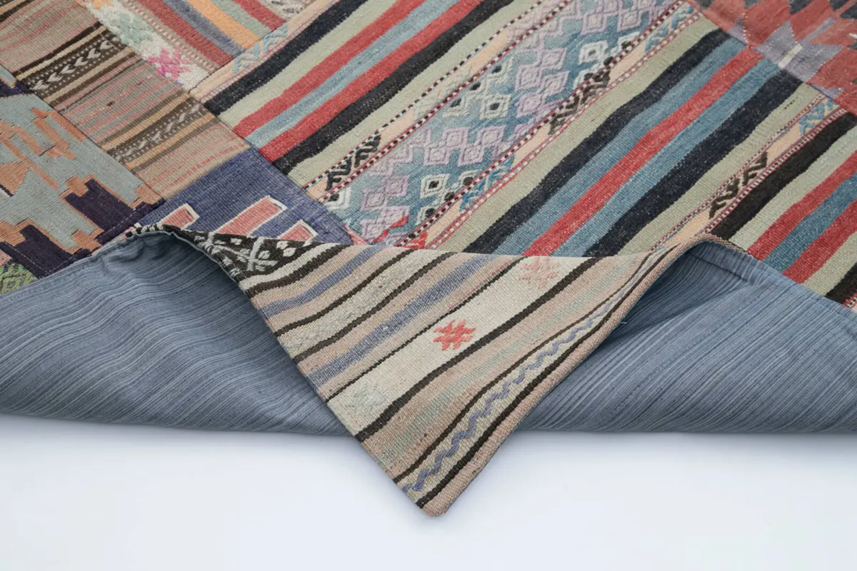 Anadolu Patchwork Bej Renk Pamuk Üzerine Yün El Dokuma Kilim-202x302 - Görsel 5