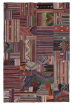Anadolu Patchwork Multi Renk Pamuk Üzerine Yün El Dokuma Kilim-202x301